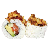 Salmón, aguacate, pepino y cebolla frita